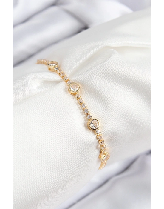 ® Pirinç Zirkon Taşlı Daire Model Gold Renk Asansörlü Kadın Bileklik
