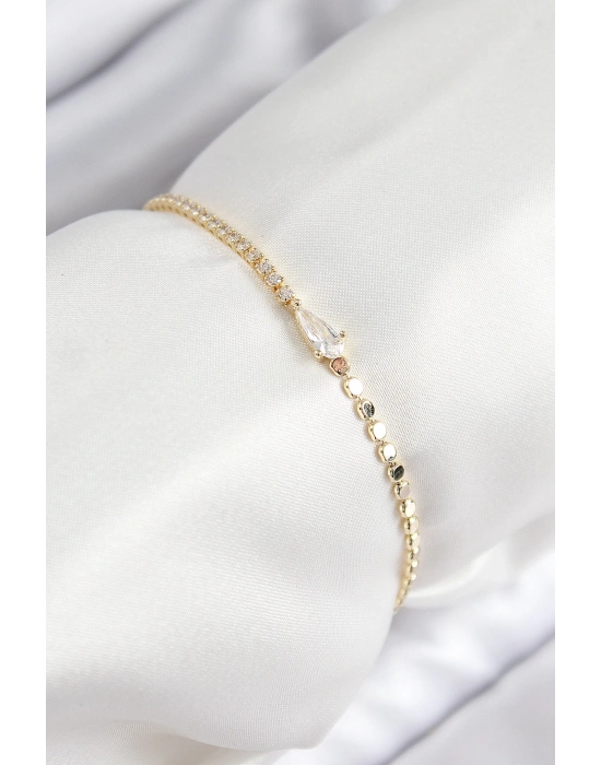 ® Pirinç Zirkon Taşlı Damla Model Ezme Zincir Gold Renk Kadın Bileklik