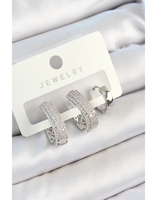 ® Pirinç Zirkon Taşlı Damla Model Gümüş Renk 3lü Çift Kadın Küpe Set