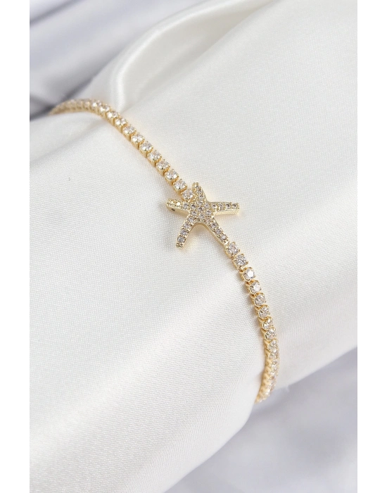 ® Pirinç Zirkon Taşlı Deniz Yıldızı Model Gold Renk Kadın Bileklik