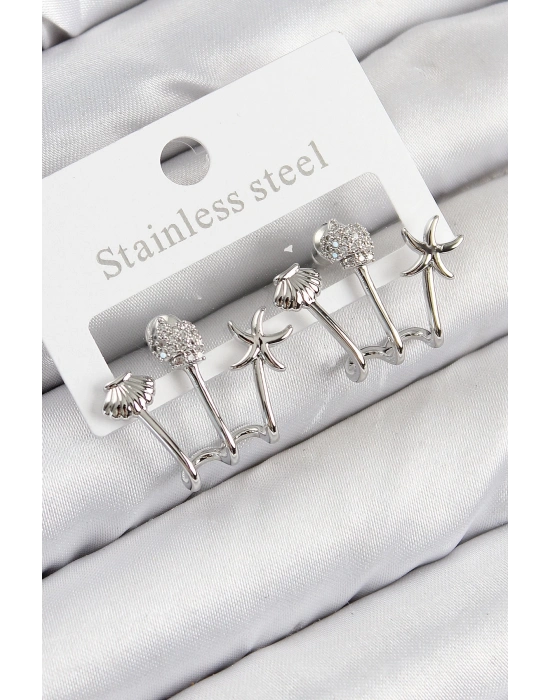 ® Pirinç Zirkon Taşlı Deniz Yıldızı ve İstiridye Model Gümüş Renk Kadın Küpe