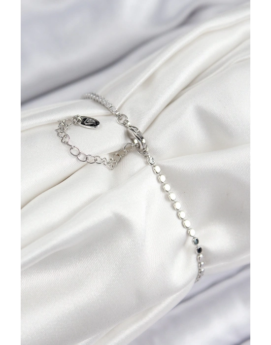 ® Pirinç Zirkon Taşlı Dikdörtgen Model Ezme Zincir Gümüş Renk Kadın Bileklik