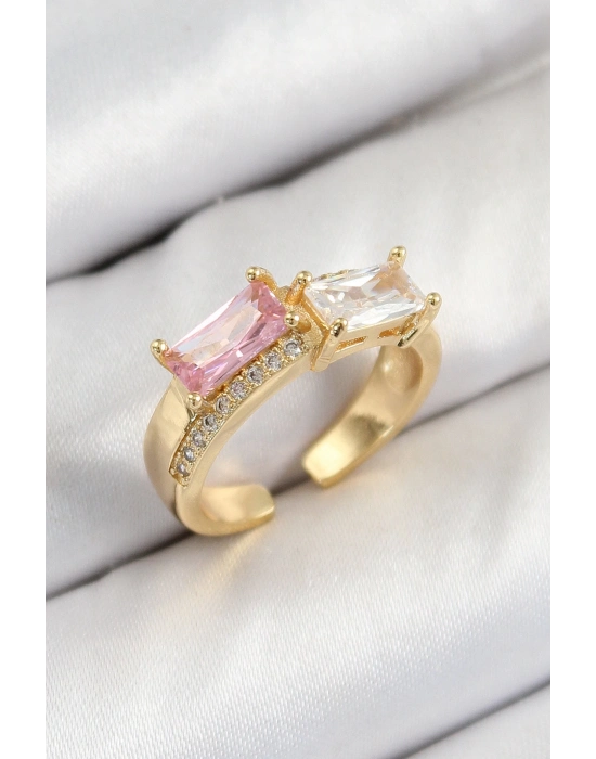 ® Pirinç Zirkon Taşlı Dikdörtgen Model Gold Renk Kadın Yüzük