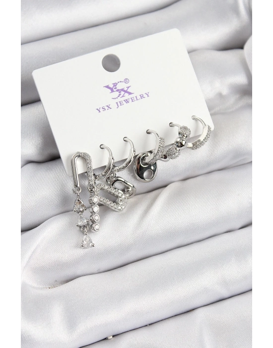 ® Pirinç Zİrkon Taşlı Dikdörtgen Model Gümüş Renk 3lü Çift Kadın Küpe