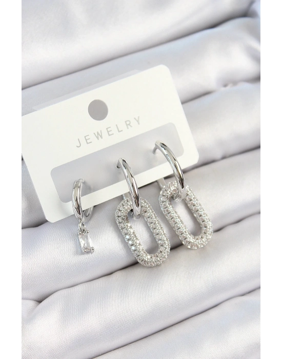 ® Pirinç Zirkon Taşlı Dikdörtgen Model Gümüş Renk 3lü Çift Kadın Küpe Set