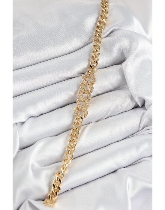 ® Pirinç Zirkon Taşlı Ezme Küba Zincir Model Gold Renk Kadın Bileklik