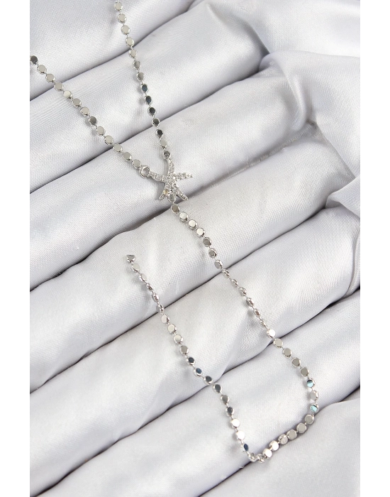 ® Pirinç Zirkon Taşlı Ezme Zincirli Deniz Yıldızı Model Gümüş Renk Y Kolye