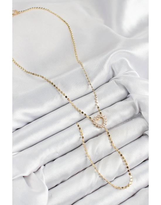 ® Pirinç Zirkon Taşlı Ezme Zincirli Kalp Model Gold Renk Y Kolye