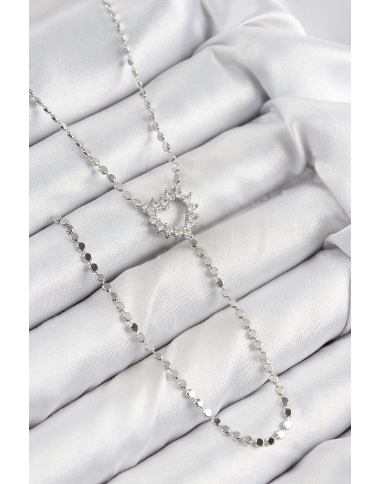 ® Pirinç Zirkon Taşlı Ezme Zincirli Kalp Model Gümüş Renk Y Kolye