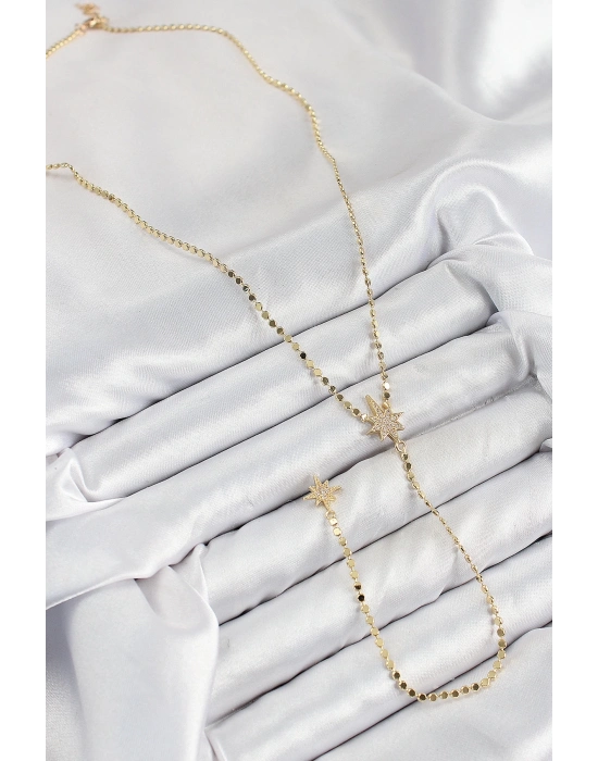 ® Pirinç Zirkon Taşlı Ezme Zincirli Kutup Yıldızı Model Gold Renk Y Kolye