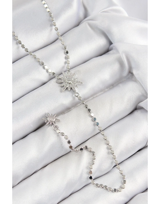 ® Pirinç Zirkon Taşlı Ezme Zincirli Kutup Yıldızı Model Gümüş Renk Y Kolye