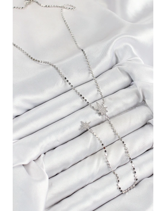 ® Pirinç Zirkon Taşlı Ezme Zincirli Kutup Yıldızı Model Gümüş Renk Y Kolye