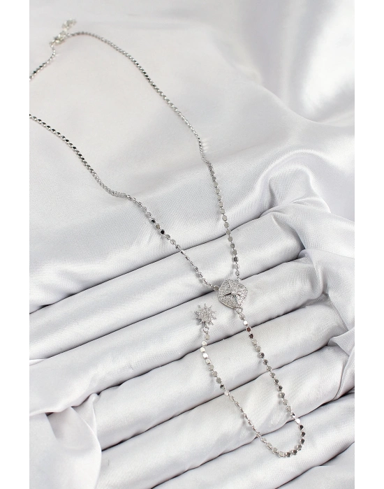 ® Pirinç Zirkon Taşlı Ezme Zincirli Madalyon Model Gümüş Renk Y Kolye