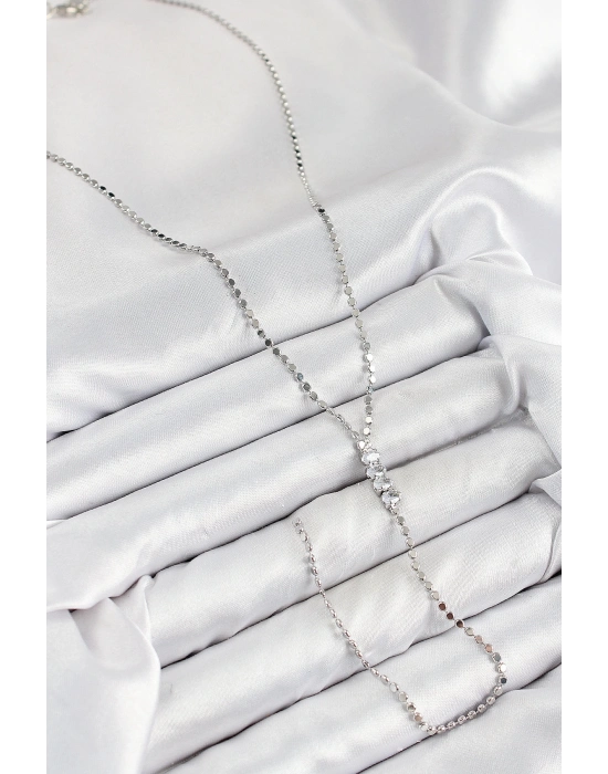 ® Pirinç Zirkon Taşlı Ezme Zincirli Model Gümüş Renk Y Kolye