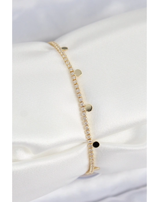 ® Pirinç Zirkon Taşlı Ezme Zincirli Sıralı Model Gold Renk Kadın Bilekilk