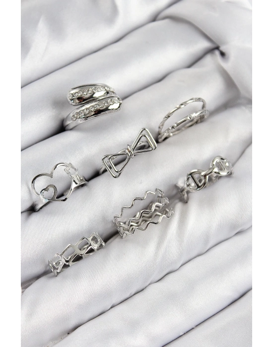 ® Pirinç Zirkon Taşlı Fiyonk Ve Kalp Model Gümüş Renk Kadın Yüzük Kombin Set