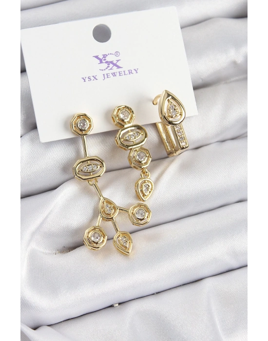 ® Pirinç Zİrkon Taşlı Geometrik Model Gold Renk 3lü Kadın Küpe