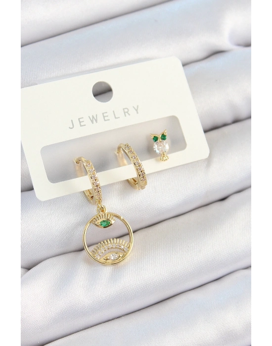 ® Pirinç Zirkon Taşlı Göz Ve Baykuş Model Gold Renk 3lü Çift Kadın Küpe Set