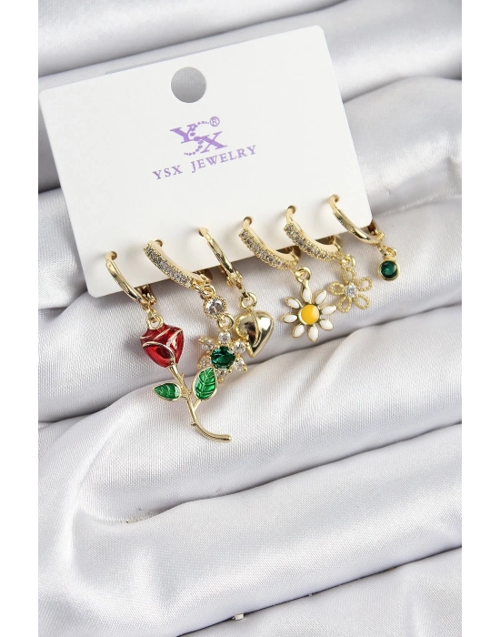 ® Pirinç Zİrkon Taşlı Gül Ve Papatya Model Gold Renk 3lü Çift Kadın Küpe
