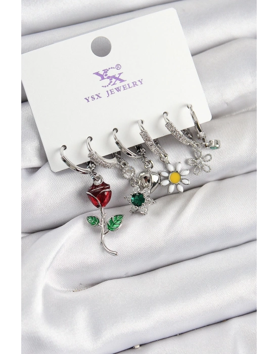 ® Pirinç Zİrkon Taşlı Gül Ve Papatya Model Gümüş Renk 3lü Çift Kadın Küpe