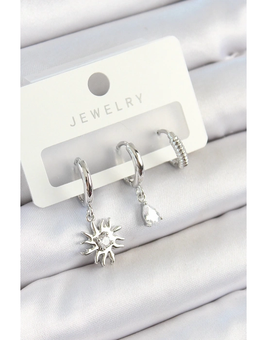 ® Pirinç Zirkon Taşlı Güneş Model Gümüş Renk 3lü Çift Kadın Küpe Set