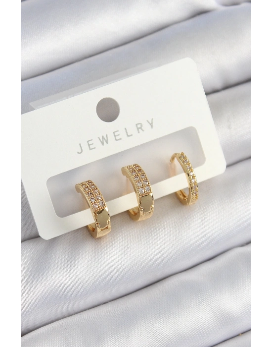 ® Pirinç Zirkon Taşlı Halka Model Gold Renk 3lü Çift Kadın Küpe Set