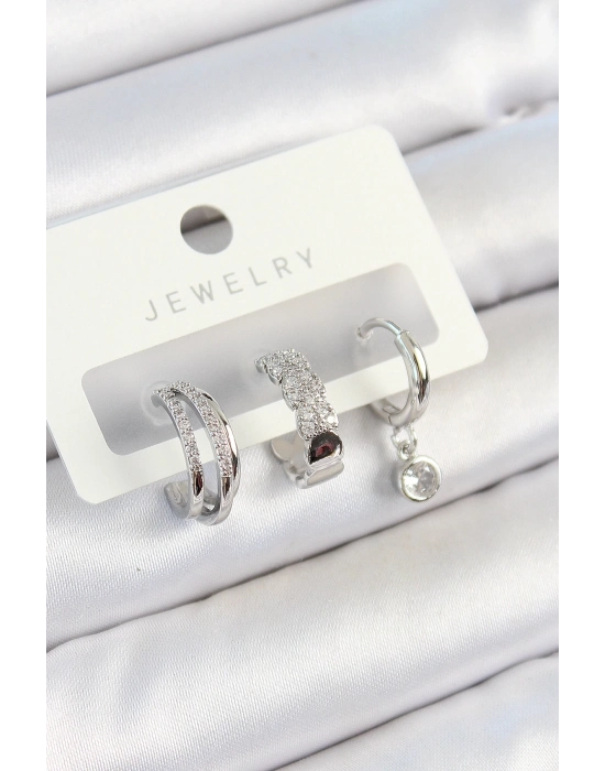 ® Pirinç Zirkon Taşlı Halka Model Gümüş Renk 3lü Çift Kadın Küpe Set