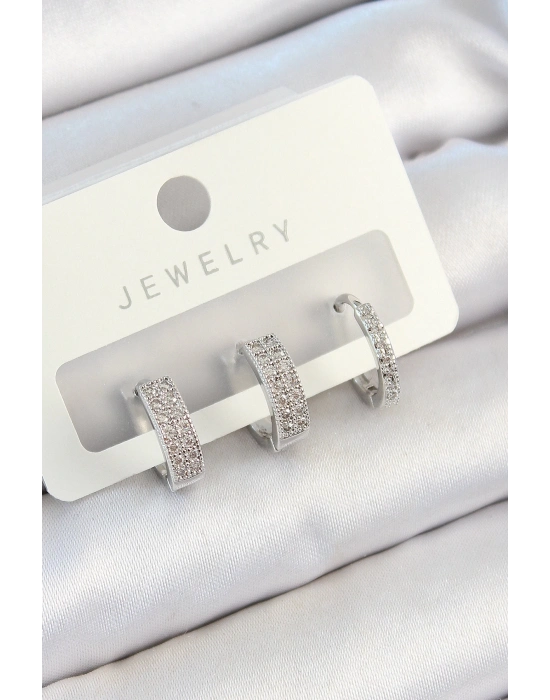 ® Pirinç Zirkon Taşlı Halka Model Gümüş Renk 3lü Çift Kadın Küpe Set