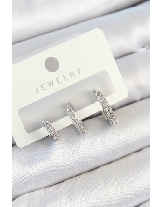 ® Pirinç Zirkon Taşlı Halka Model Gümüş Renk 3lü Çift Kadın Küpe Set