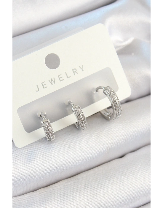 ® Pirinç Zirkon Taşlı Halka Model Gümüş Renk 3lü Çift Kadın Küpe Set