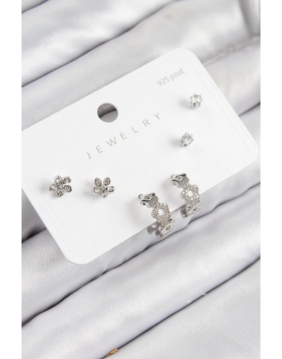 ® Pirinç Zirkon Taşlı Halka Model Gümüş Renk 925 Ayar Gümüş Çivi Kadın Küpe Set