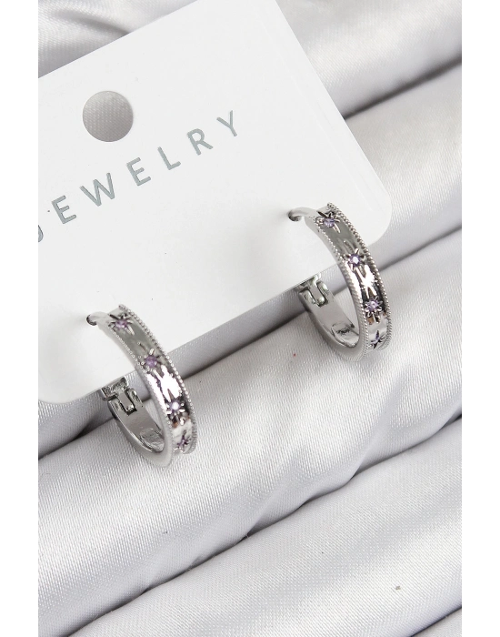 ® Pirinç Zirkon Taşlı Halka Model Gümüş Renk Kadın Küpe