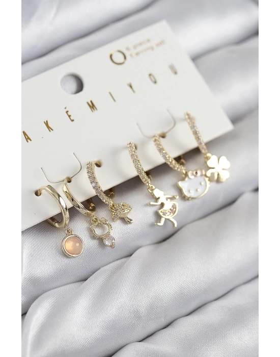 ® Pirinç Zirkon Taşlı Hello Kity Ve Yonca Model Gold Renk 6lı Küpe Set