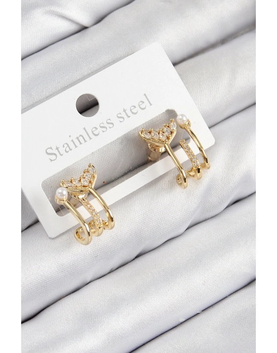 ® Pirinç Zirkon Taşlı İnci Detaylı Balık Kuyruğu Model Gold Renk Kadın Küpe