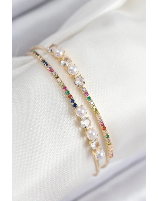 ® Pirinç Zirkon Taşlı İnci Model Gold Renk Kadın Bileklik