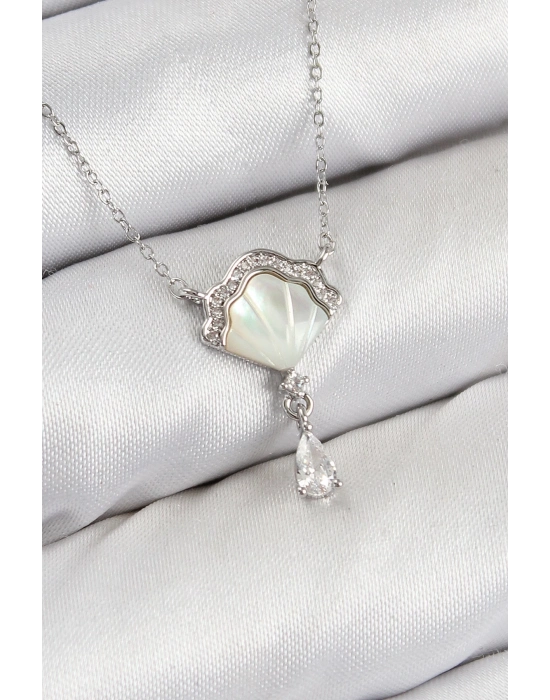 ® Pirinç Zirkon Taşlı İstiridye Model Gümüş Renk Kadın Kolye