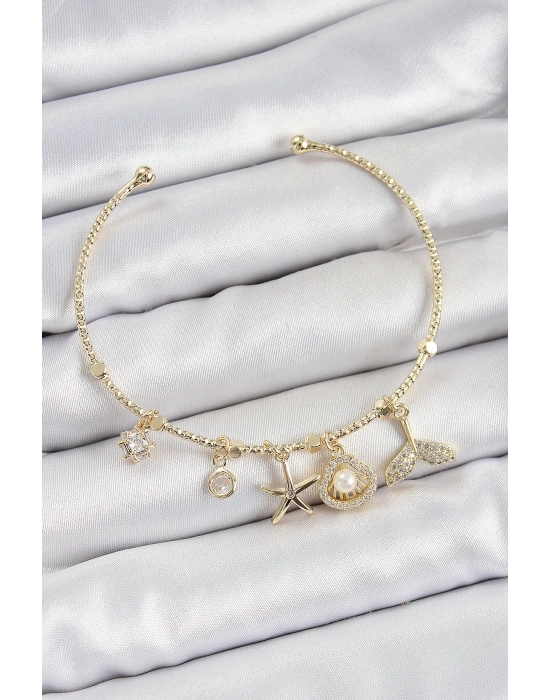 ® Pirinç Zirkon Taşlı İstiridye Ve Deniz Yıldızı Model Gold Renk Charm Bileklik