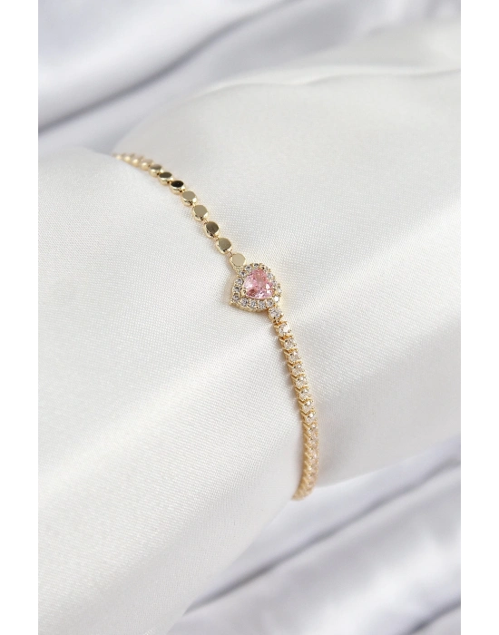 ® Pirinç Zirkon Taşlı Kalp Model Ezme Zincir Gold Renk Kadın Bileklik