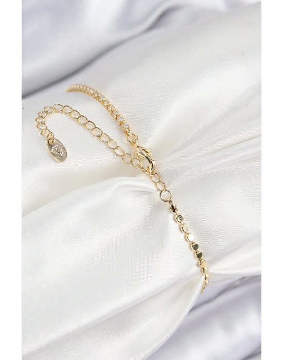 ® Pirinç Zirkon Taşlı Kalp Model Ezme Zincir Gold Renk Kadın Bileklik