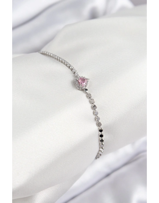 ® Pirinç Zirkon Taşlı Kalp Model Ezme Zincir Gümüş Renk Kadın Bileklik