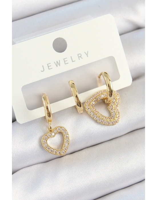 ® Pirinç Zirkon Taşlı Kalp Model Gold Renk 3lü Çift Kadın Küpe Set