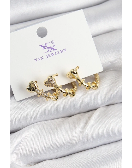 ® Pirinç Zİrkon Taşlı Kalp Model Gold Renk 3lü Kadın Küpe
