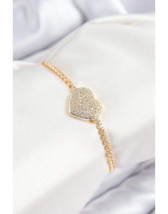 ® Pirinç Zirkon Taşlı Kalp Model Gold Renk Asansörlü Kadın Bileklik