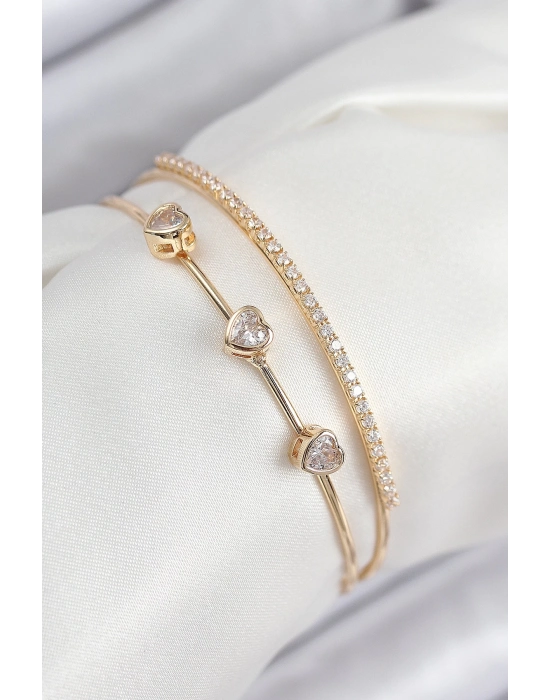 ® Pirinç Zirkon Taşlı Kalp Model Gold Renk Kadın Bileklik