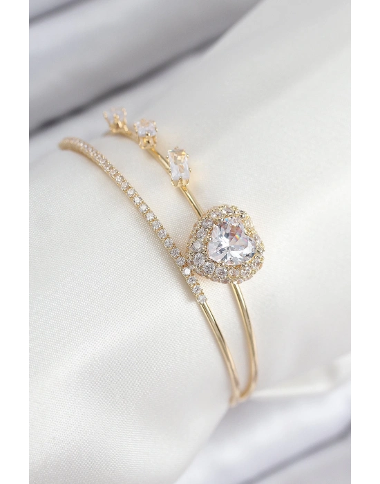 ® Pirinç Zirkon Taşlı Kalp Model Gold Renk Kadın Bileklik