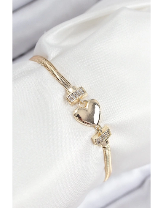 ® Pirinç Zirkon Taşlı Kalp Model Gold Renk Kadın Bileklik