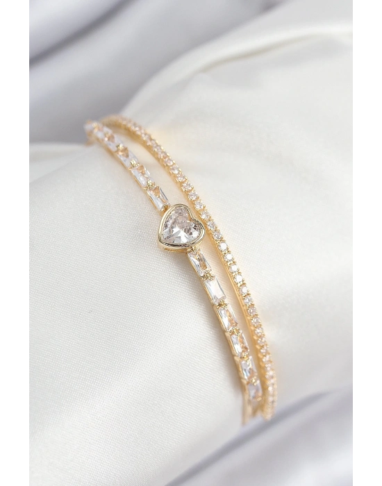 ® Pirinç Zirkon Taşlı Kalp Model Gold Renk Kadın Bileklik