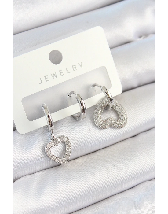 ® Pirinç Zirkon Taşlı Kalp Model Gümüş Renk 3lü Çift Kadın Küpe Set