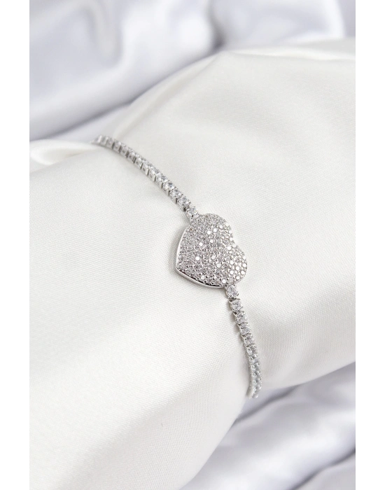 ® Pirinç Zirkon Taşlı Kalp Model Gümüş Renk Asansörlü Kadın Bileklik