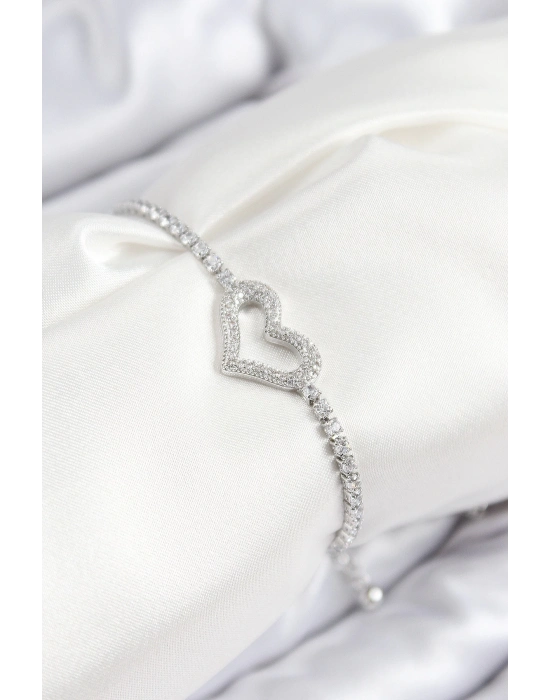 ® Pirinç Zirkon Taşlı Kalp Model Gümüş Renk Asansörlü Kadın Bileklik